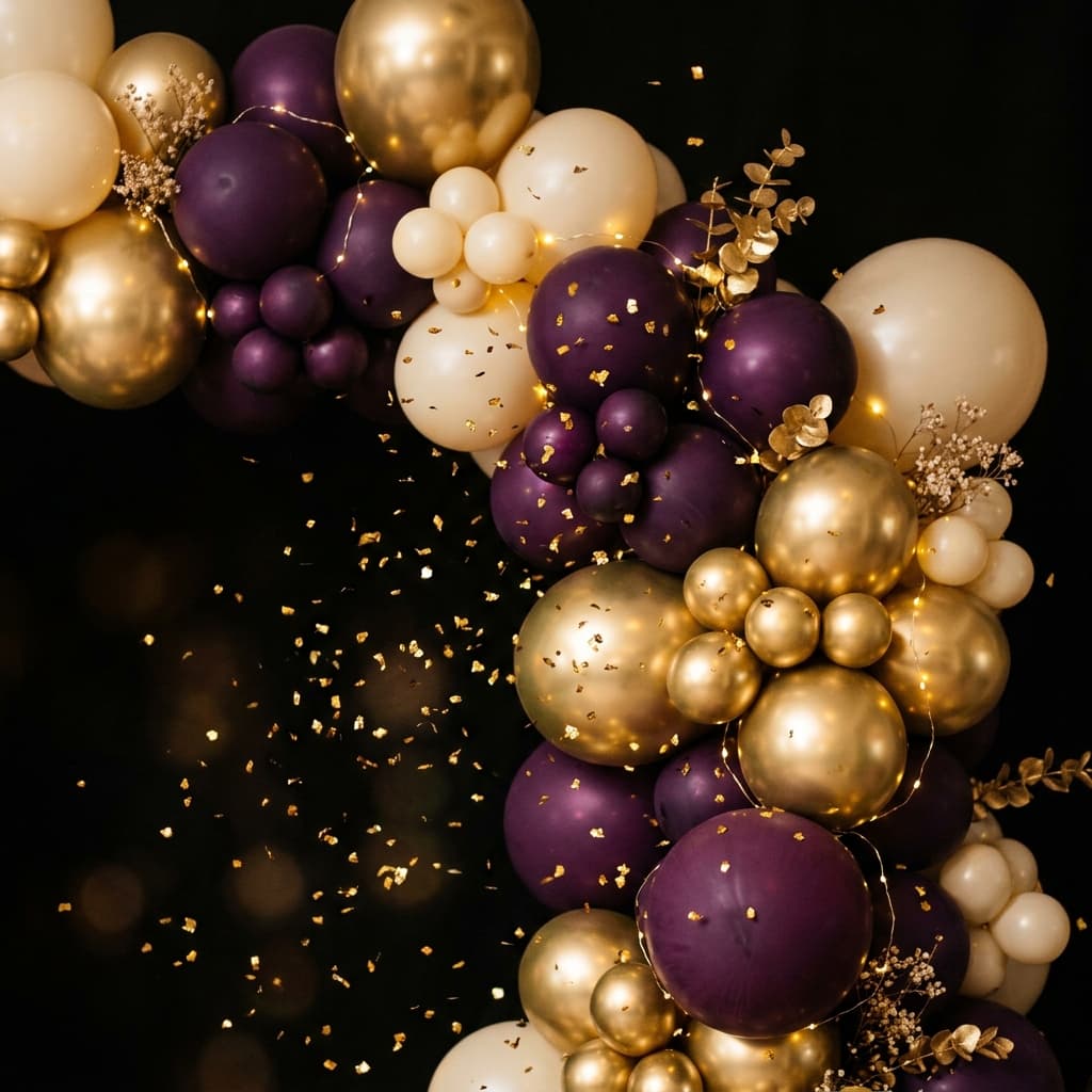 Luxury birthday party decor with balloons and lights