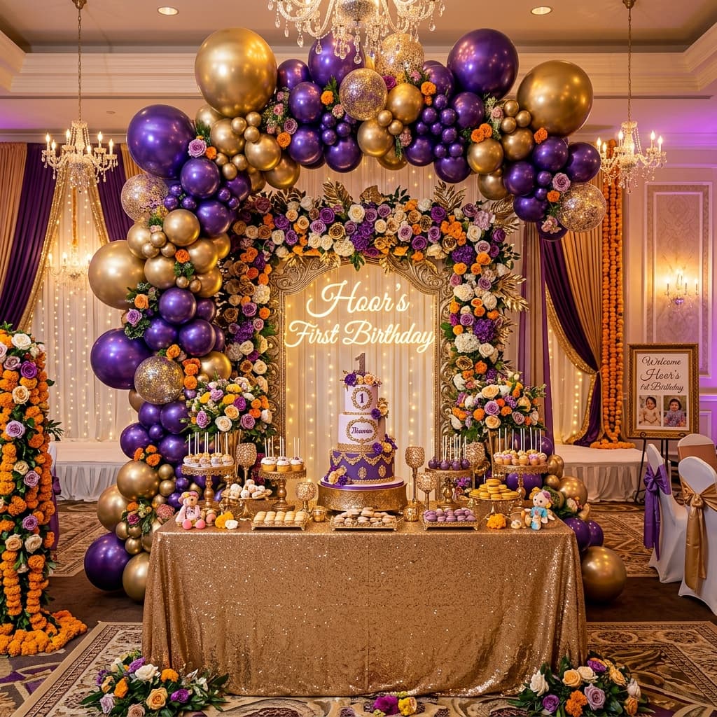 Premium birthday celebration decor with warm lighting