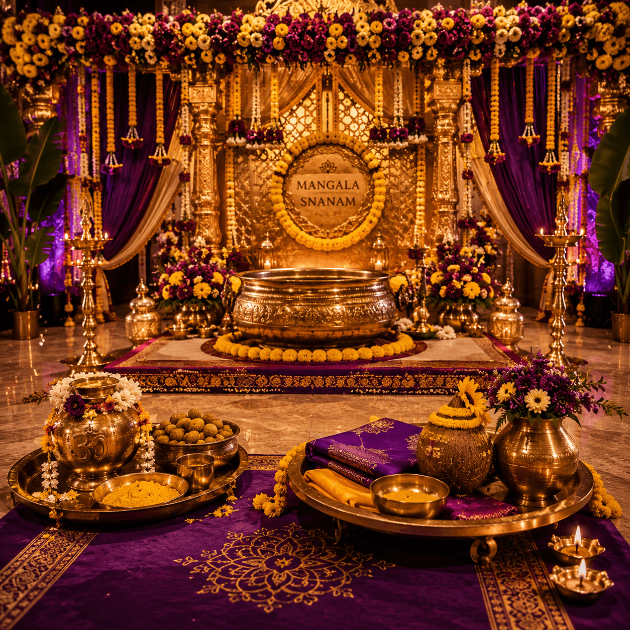 Traditional Mangala Snanam ceremony setup with brass kalasham and turmeric ritual items in Tenali
