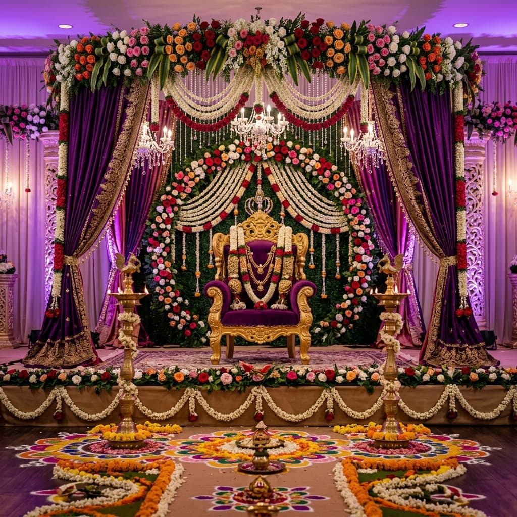 Traditional Telugu ceremony decor with lamps and flowers