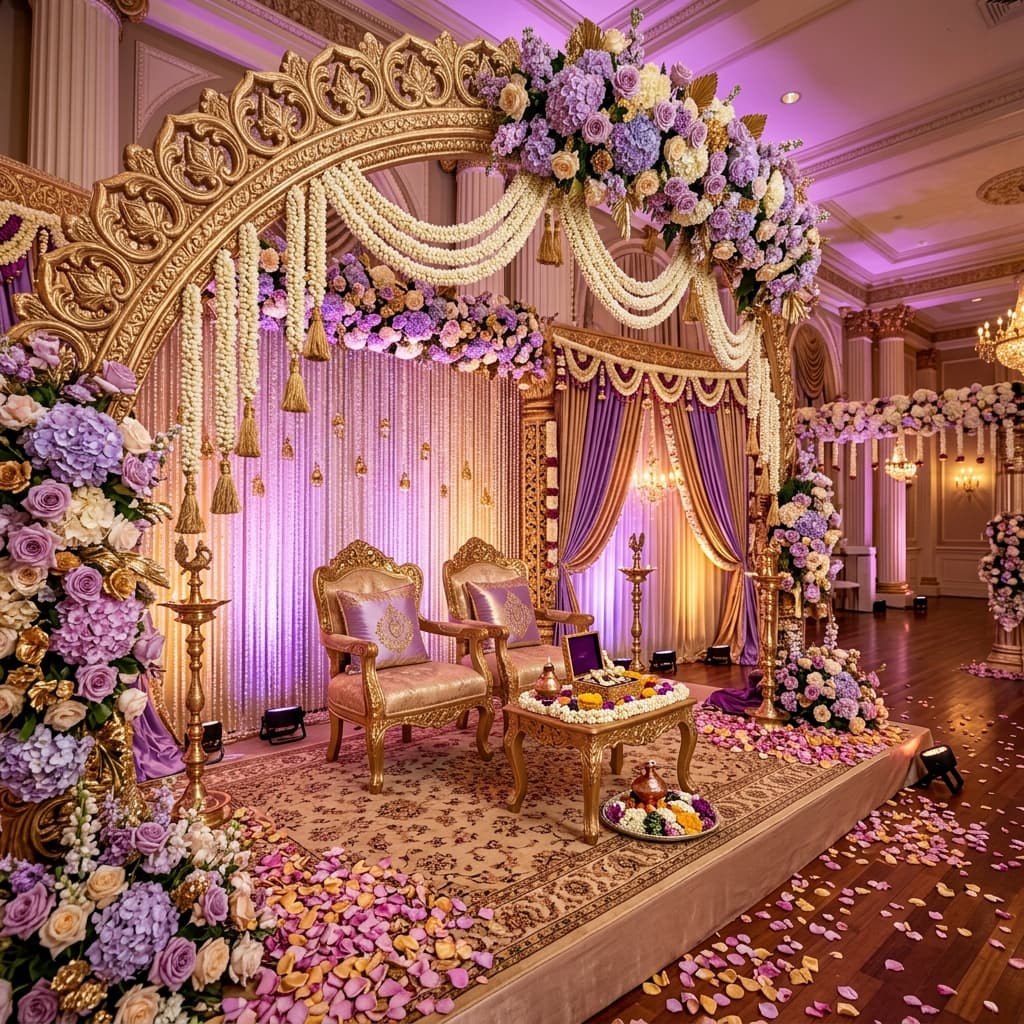 Elegant engagement stage decoration with floral details