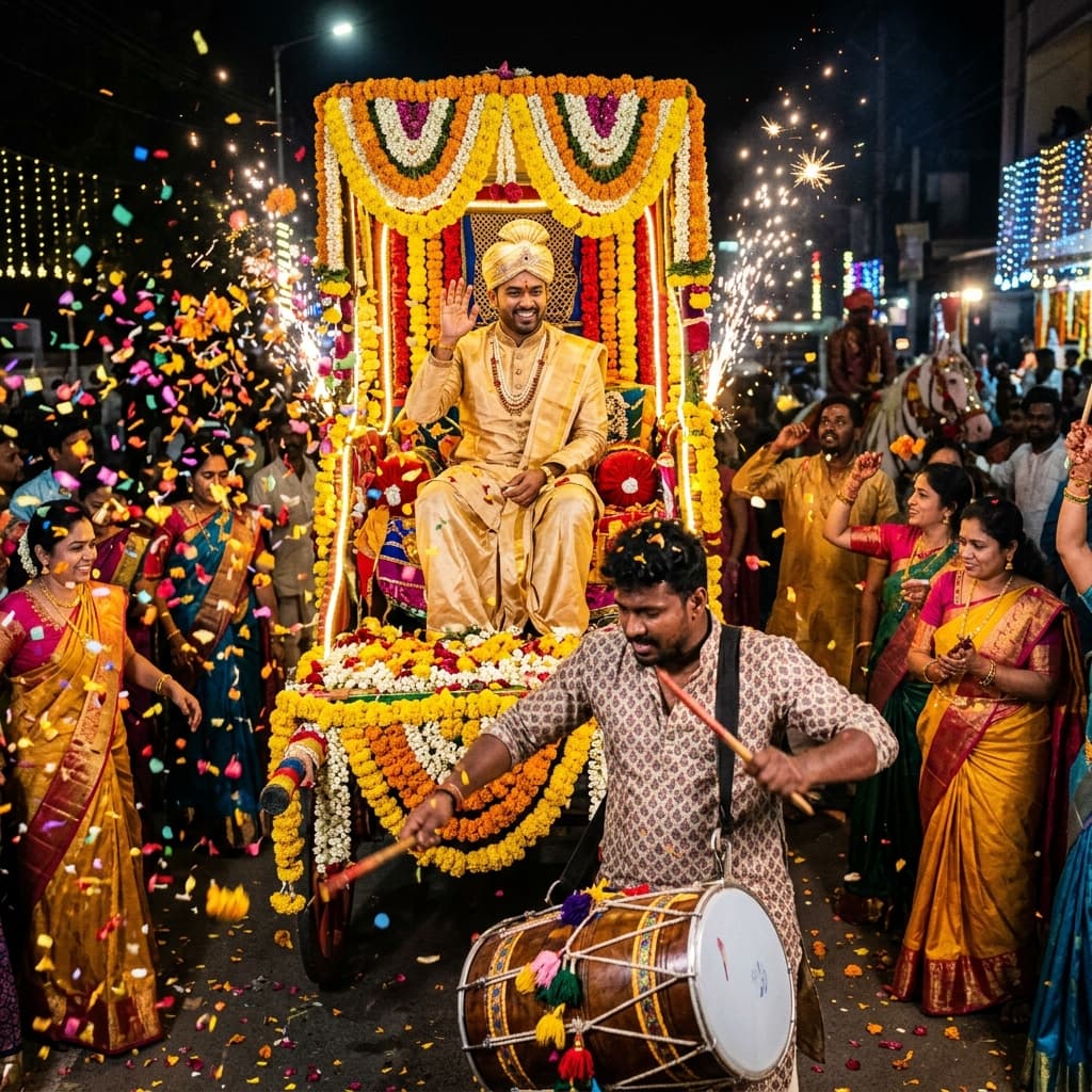 Energetic Baraat grand entry with traditional band