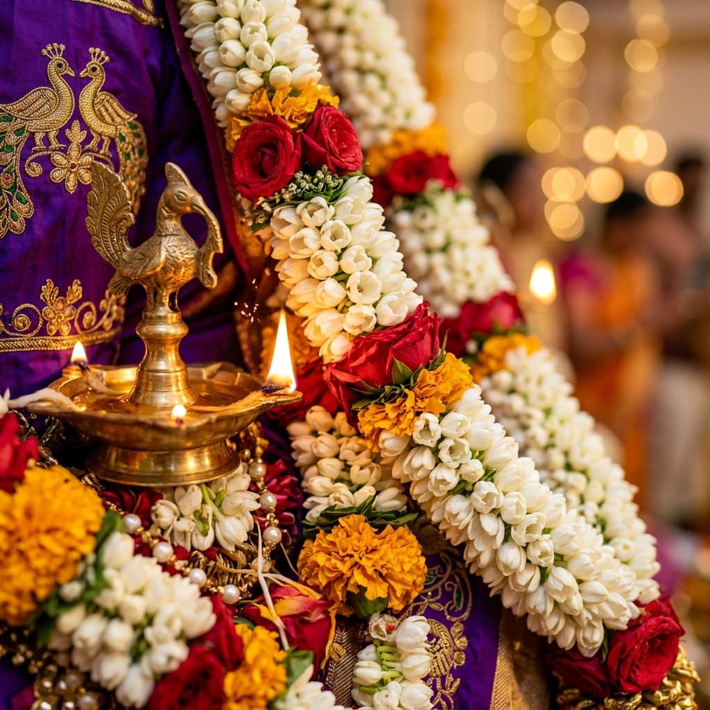 Traditional floral detail with brass ritual styling