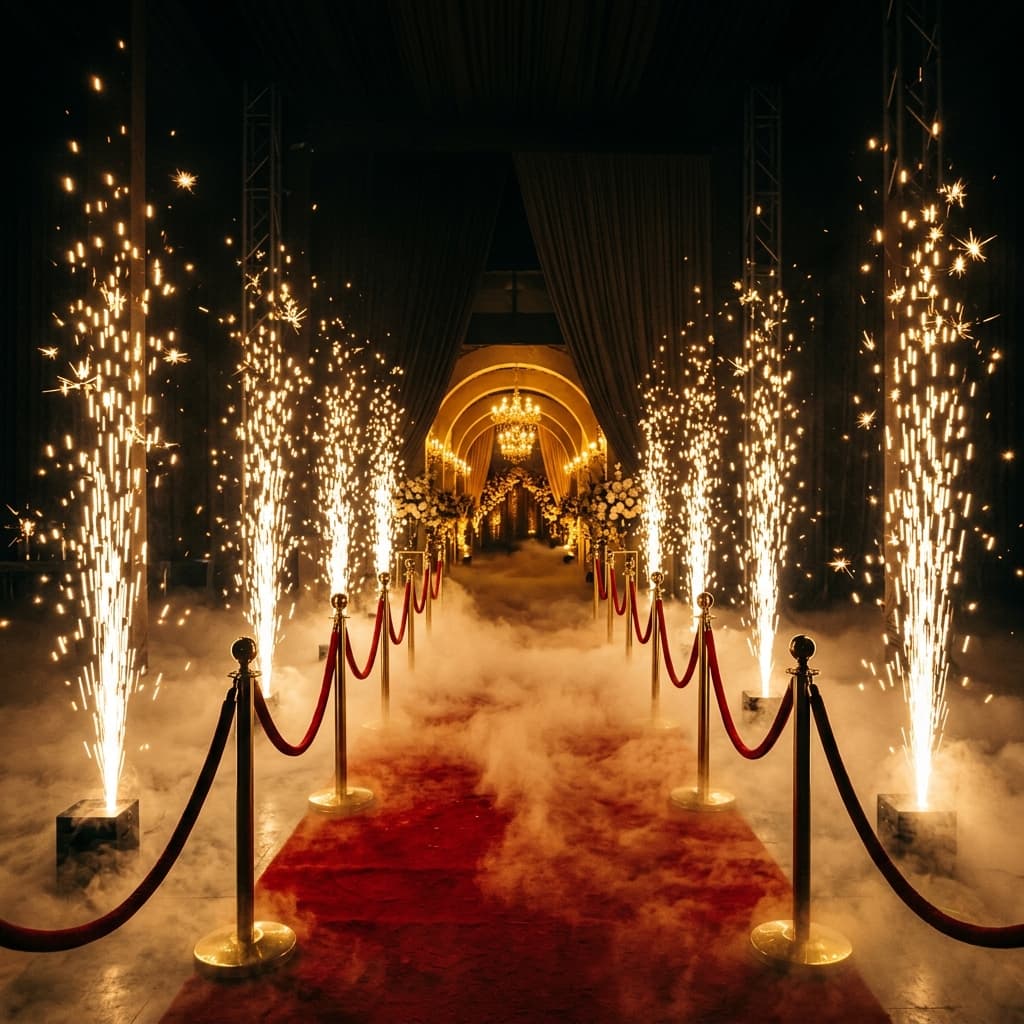 Grand entrance decoration with lighting and flowers