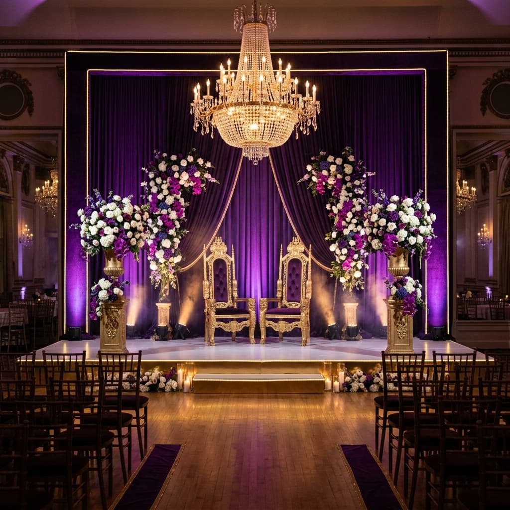 Dramatic stage lighting for evening reception
