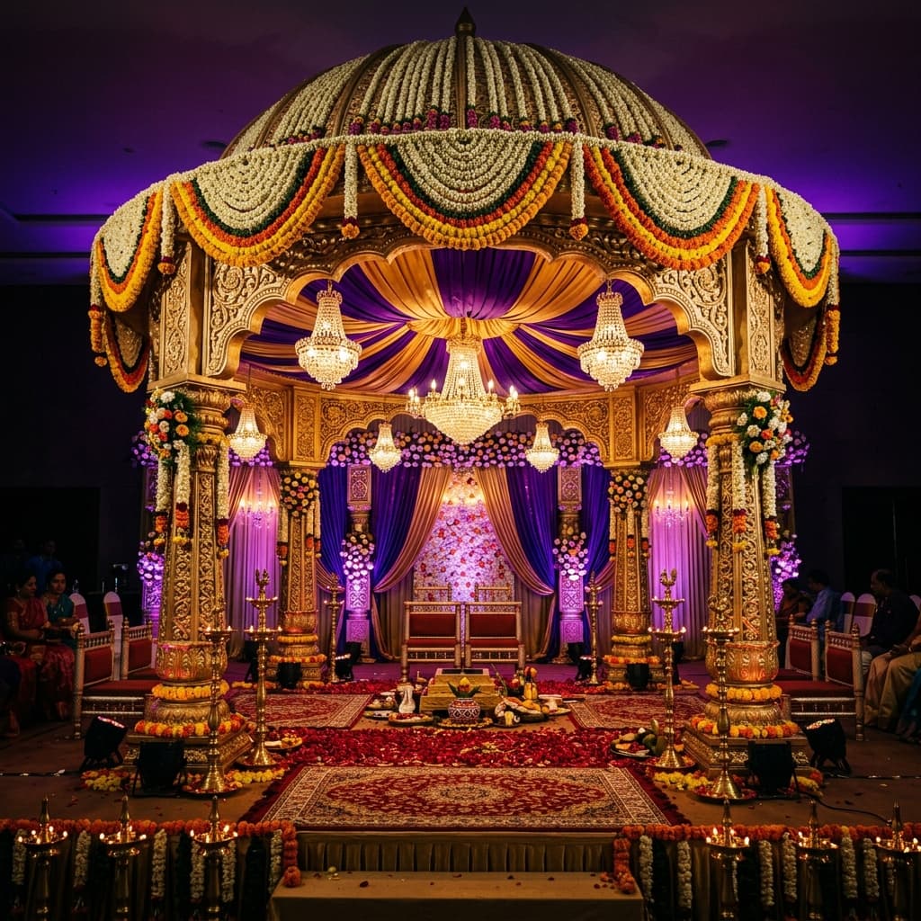 Royal purple and gold wedding mandap decoration in Tenali