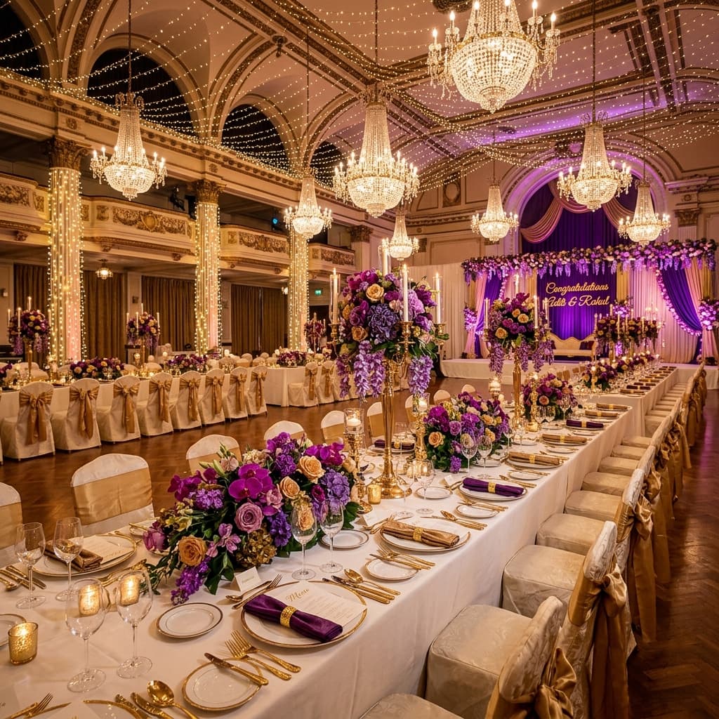Reception stage and lighting setup for a premium event
