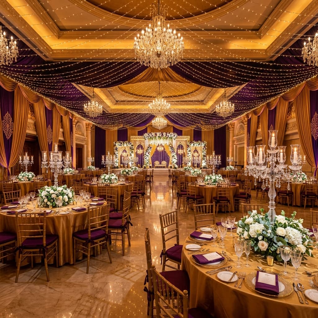 Wide shot of reception stage with modern lighting